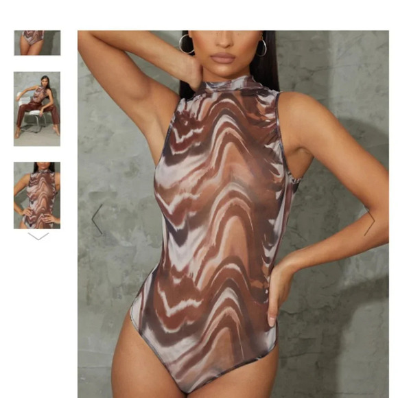 Pretty Little Thing marble print  sheer high neck bodysuit - Picture 2 of 5
